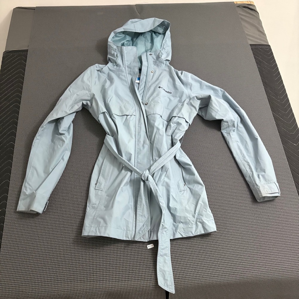 Columbia Womens Light Blue Hooded Belted Rain Jacket Trench Coat Medium 1110
